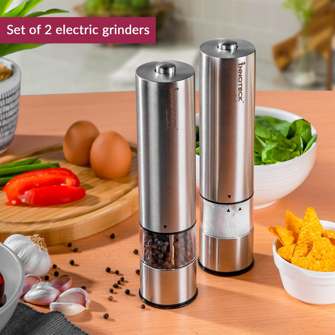 You and Me Salt or Pepper Mills With Electric Dispenser In Stainless Steel